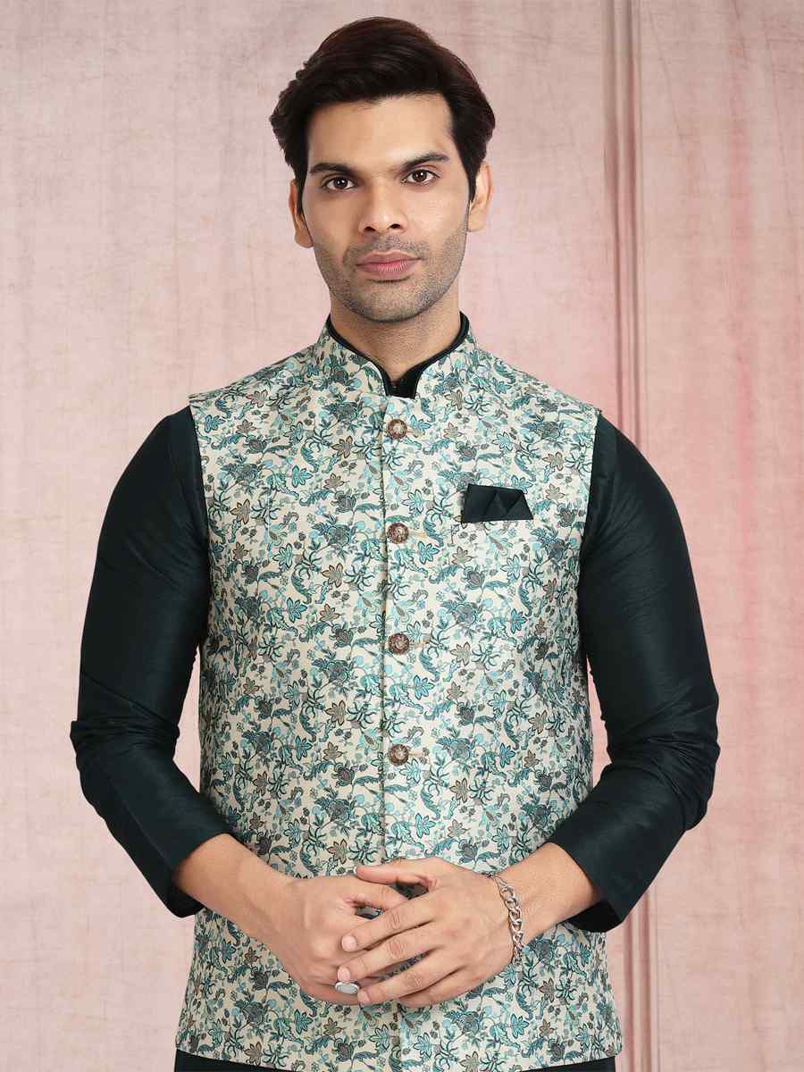 Teal Green Art Banarasi Silk Printed Festival Wedding Sherwani