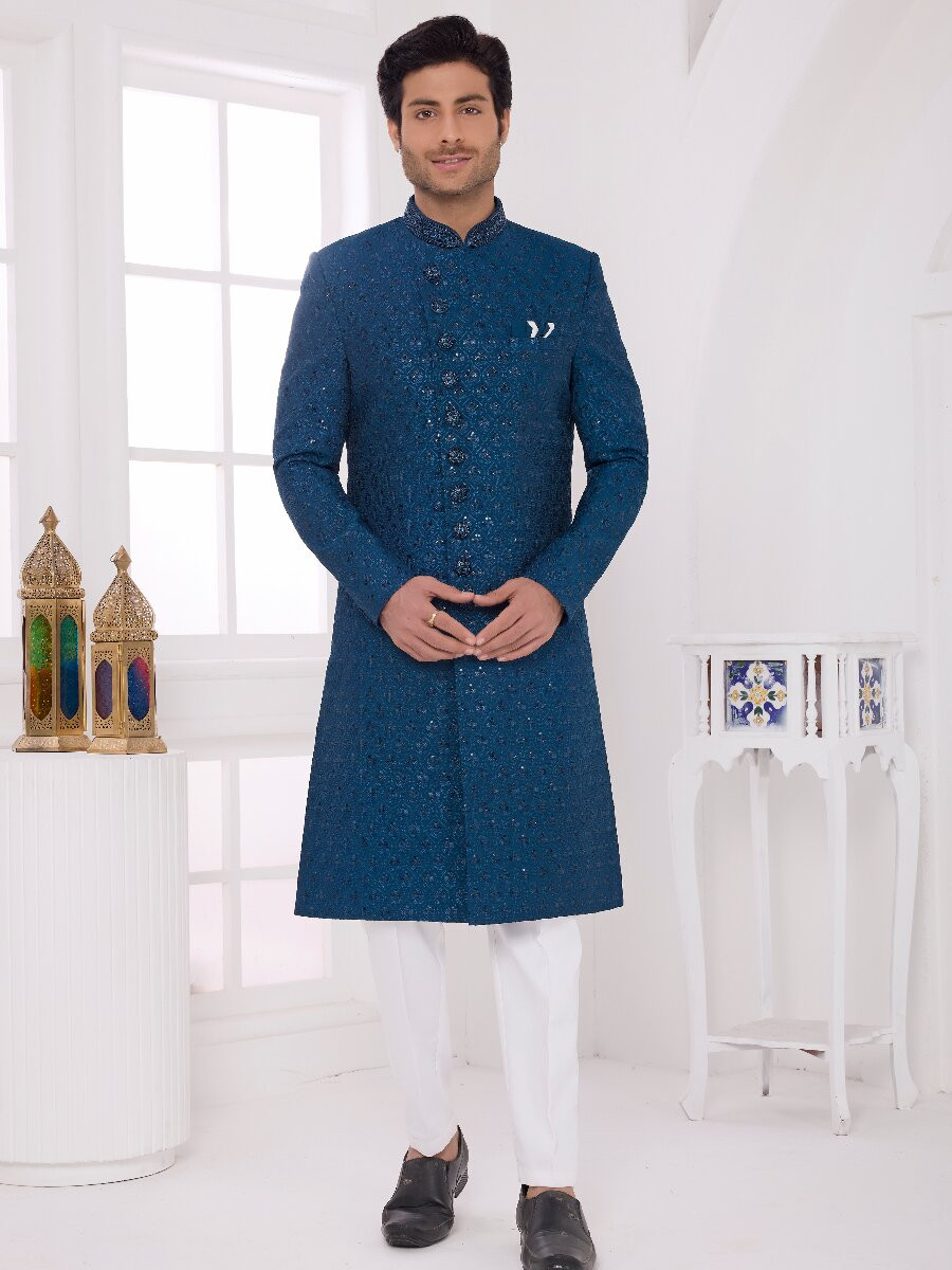 Teal green Art silk Embroidered Computer Thread work Wedding Party Festival Groom Sherwani
