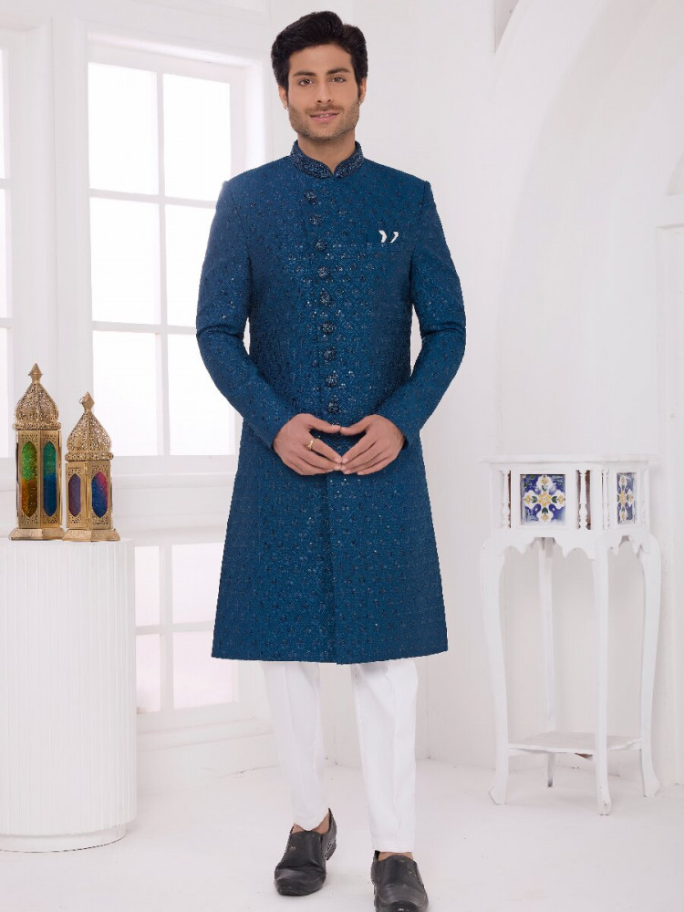 Image of Teal green Art silk Embroidered Computer Thread work Wedding Party Festival Groom Sherwani