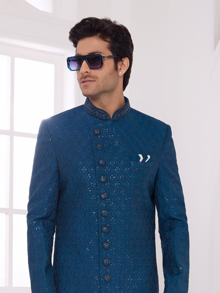 Teal green Art silk Embroidered Computer Thread work Wedding Party Festival Groom Sherwani