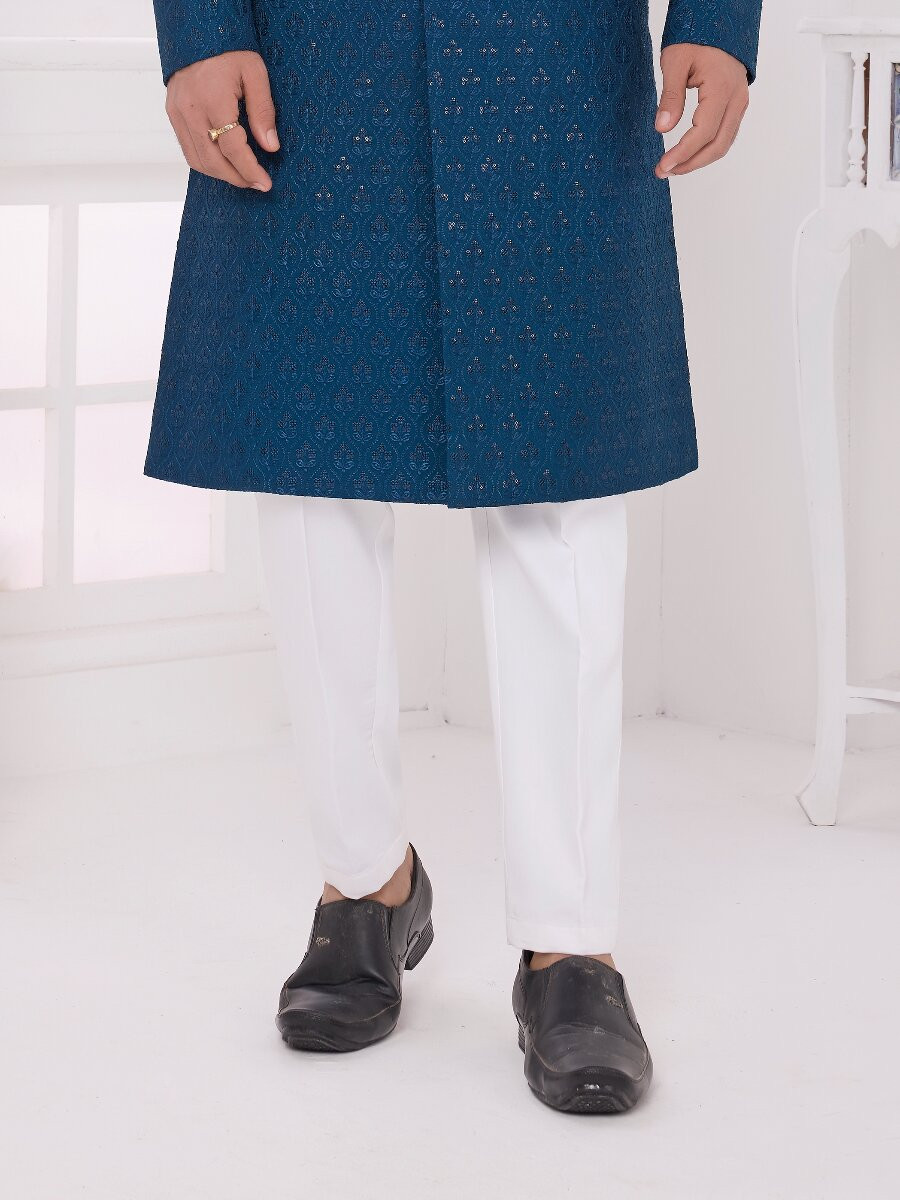 Teal green Art silk Embroidered Computer Thread work Wedding Party Festival Groom Sherwani