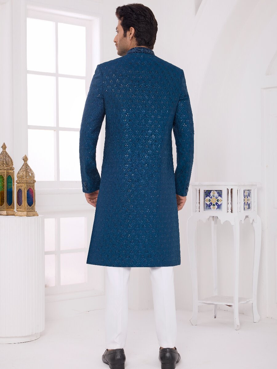Teal green Art silk Embroidered Computer Thread work Wedding Party Festival Groom Sherwani