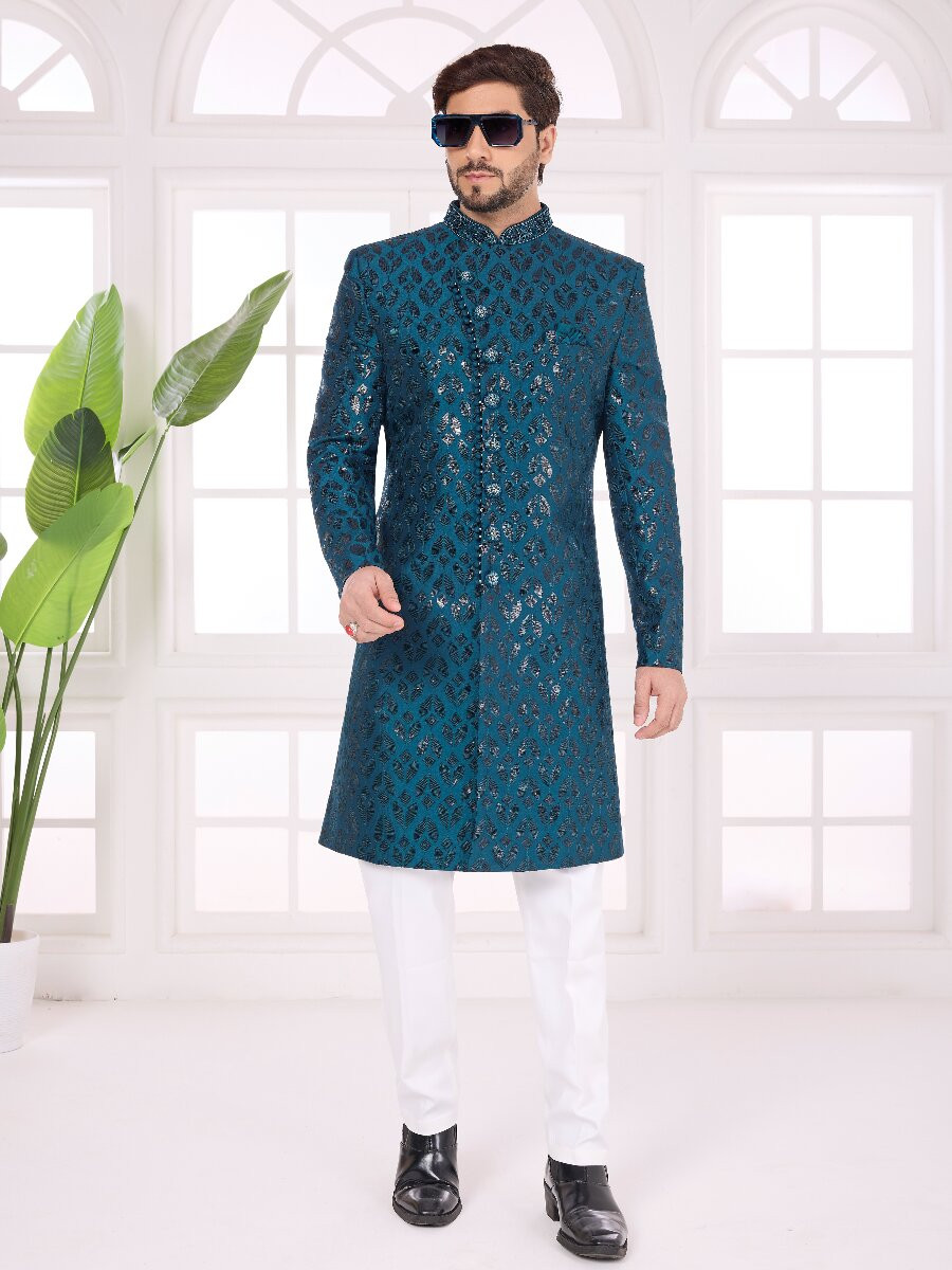 Teal green Art silk Embroidered Computer Thread work Wedding Party Festival Groom Sherwani