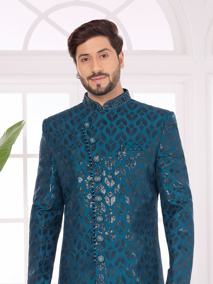 Teal green Art silk Embroidered Computer Thread work Wedding Party Festival Groom Sherwani