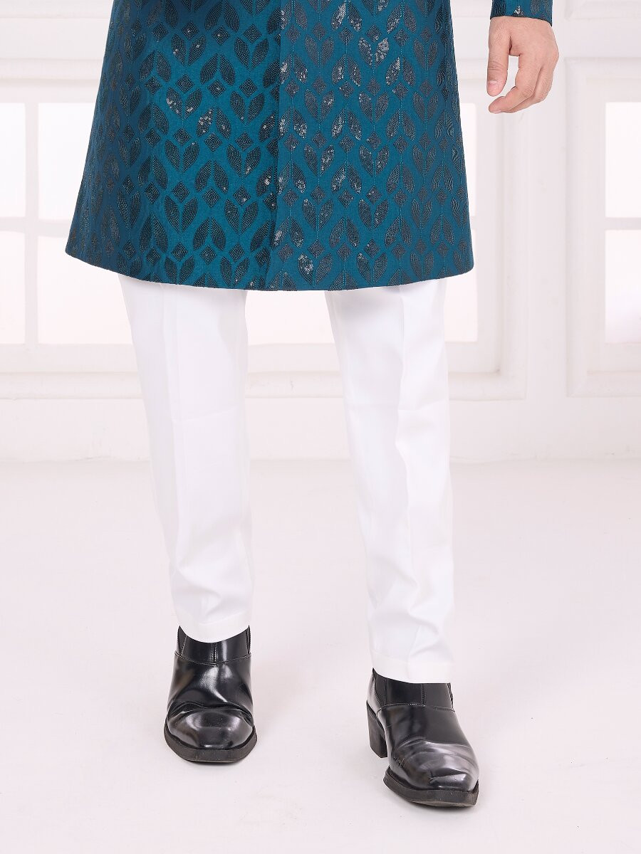 Teal green Art silk Embroidered Computer Thread work Wedding Party Festival Groom Sherwani