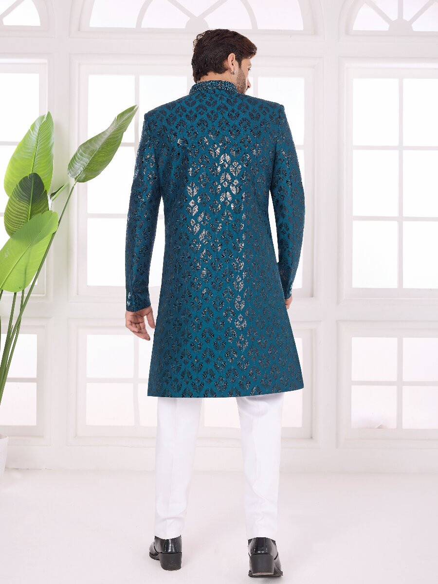 Teal green Art silk Embroidered Computer Thread work Wedding Party Festival Groom Sherwani