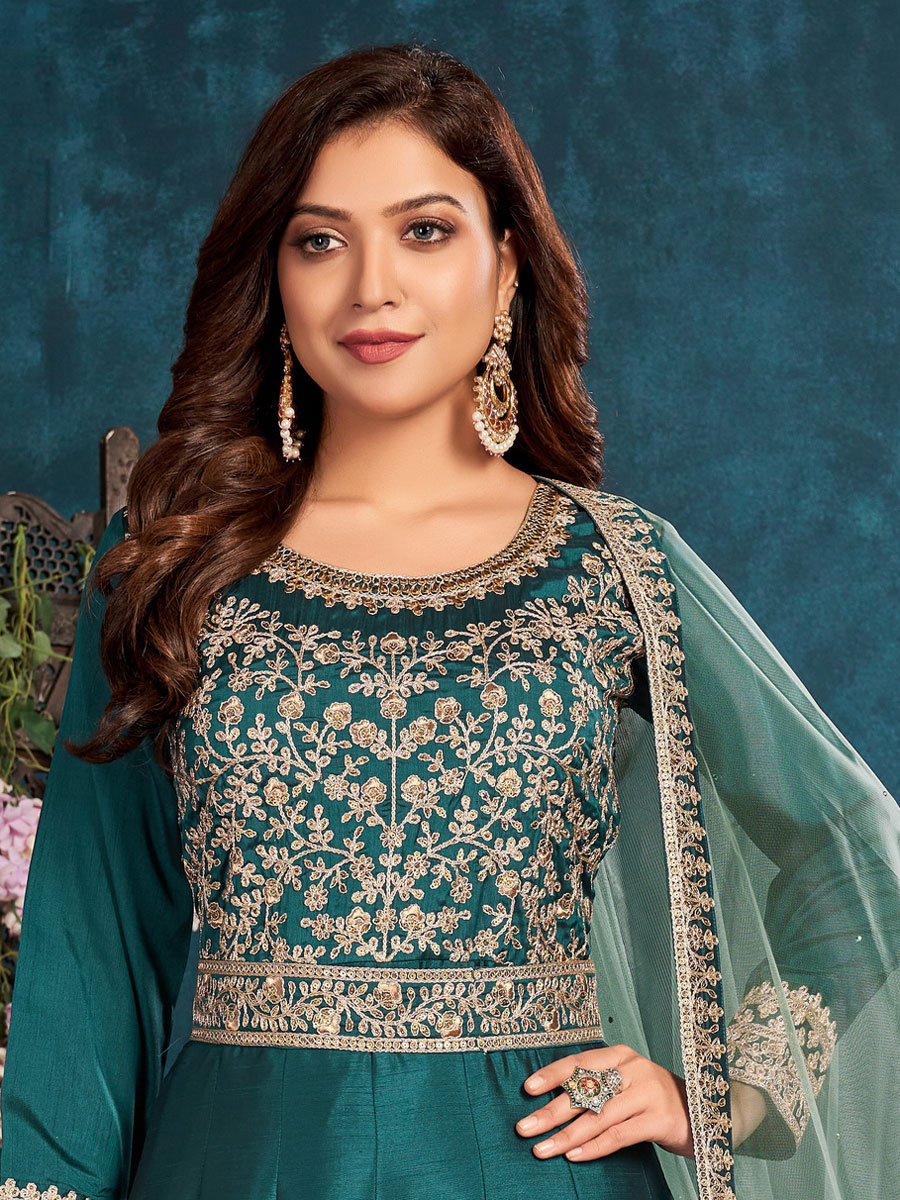 Teal Green Art Silk Embroidered Party And Wedding Lawn Kameez