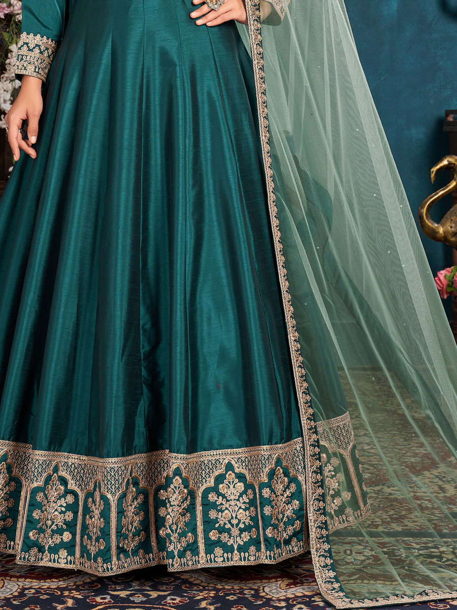 Teal Green Art Silk Embroidered Party And Wedding Lawn Kameez