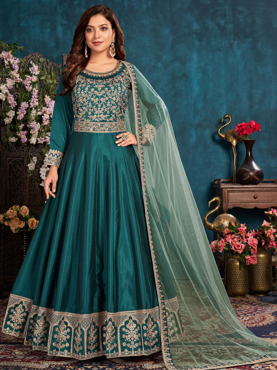 Teal Green Art Silk Embroidered Party And Wedding Lawn Kameez