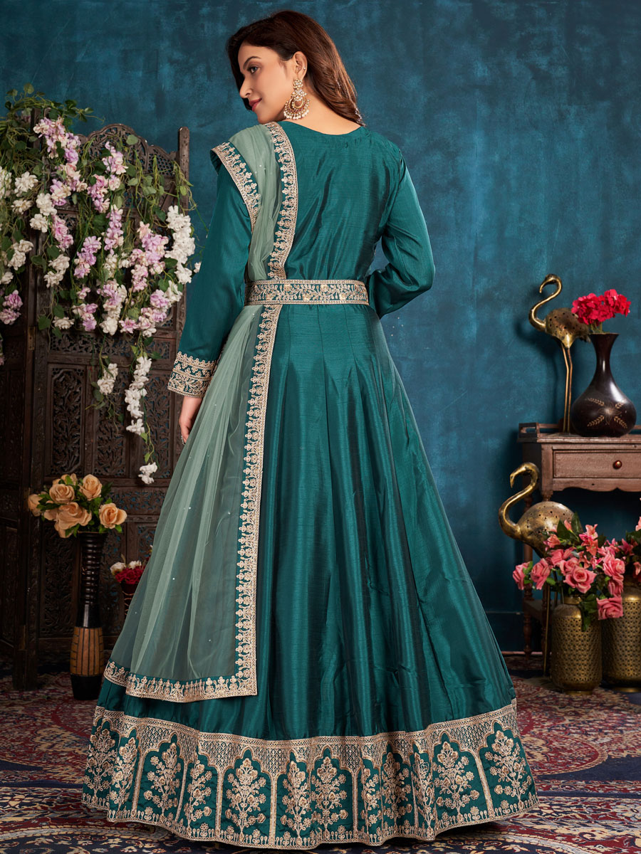 Teal Green Art Silk Embroidered Party And Wedding Lawn Kameez