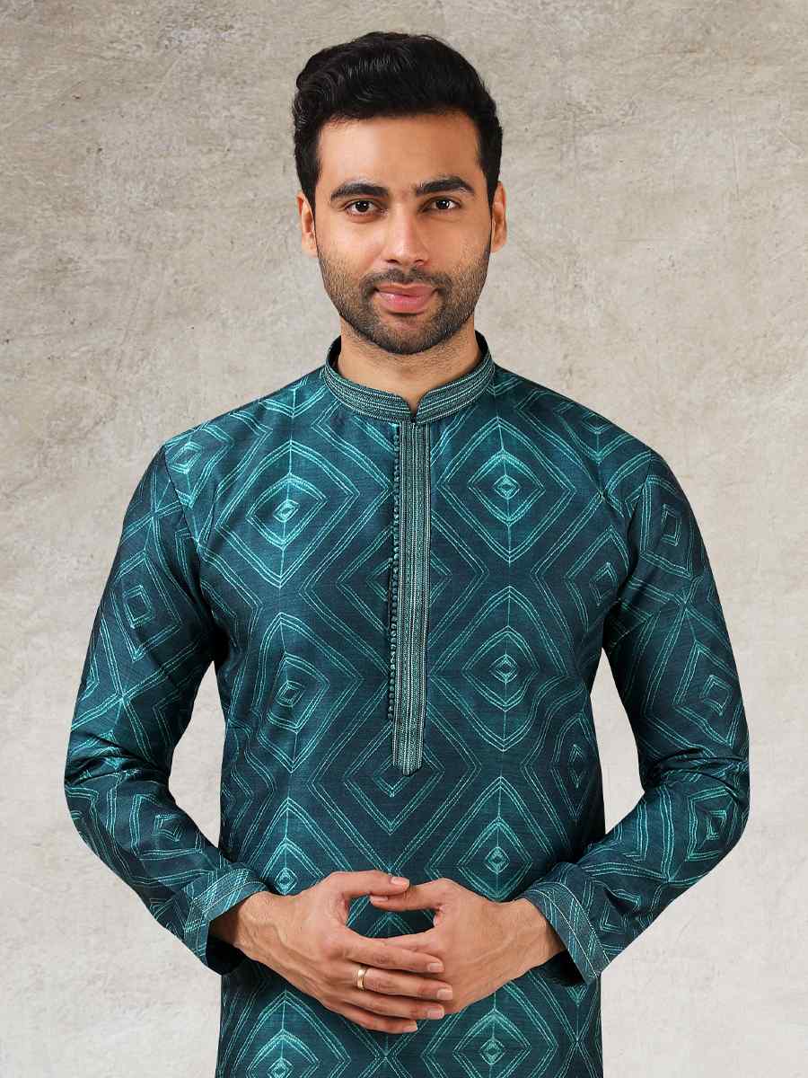 Teal Green Art Silk Printed Festival Kurta