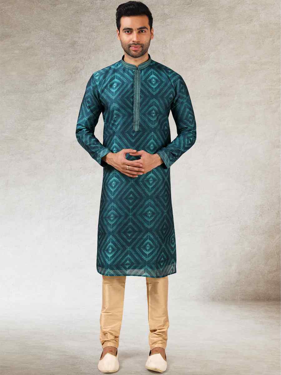 Teal Green Art Silk Printed Festival Kurta
