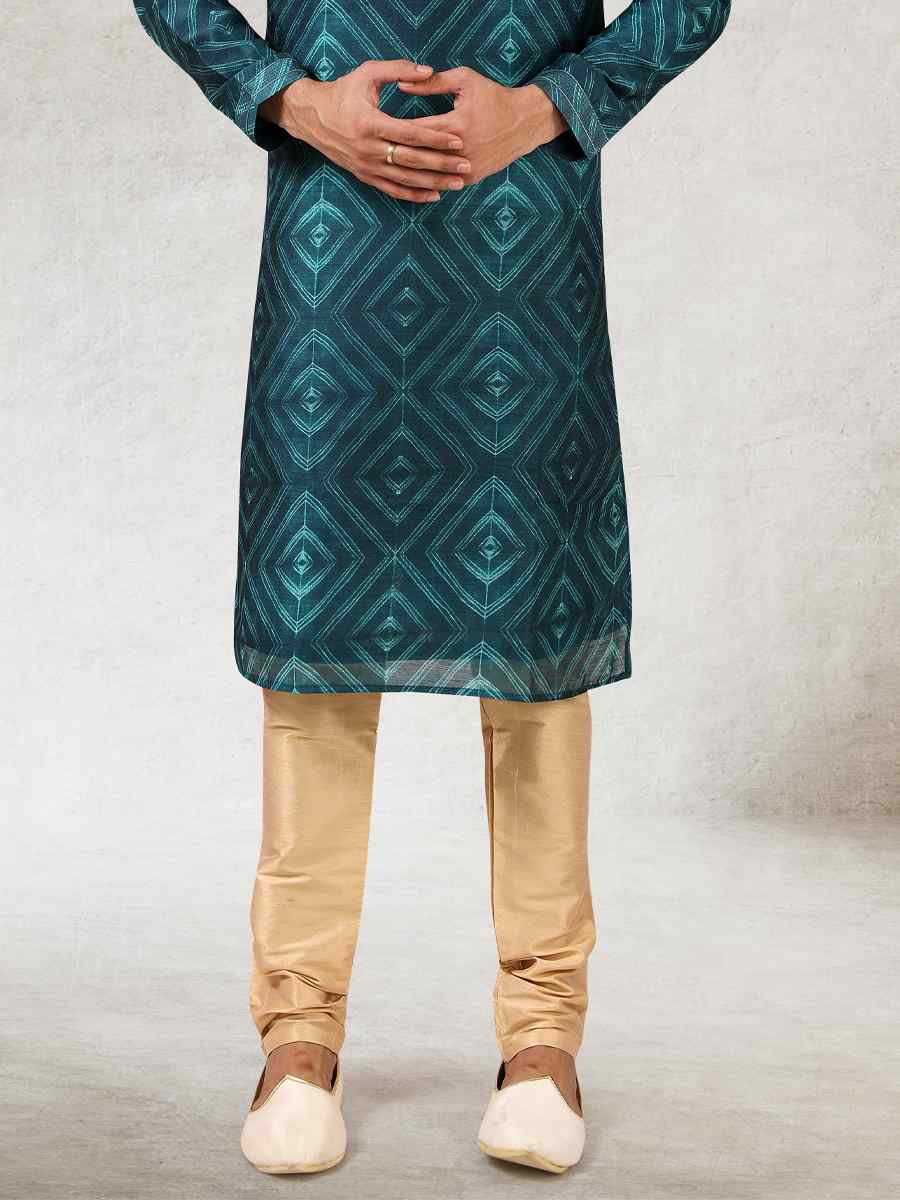 Teal Green Art Silk Printed Festival Kurta