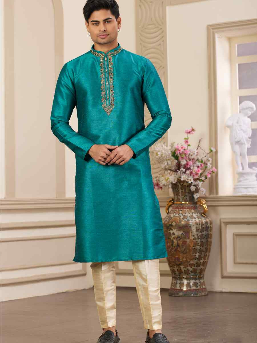 Teal Green Banarasi Silk Embroidered Festival Party Kurta