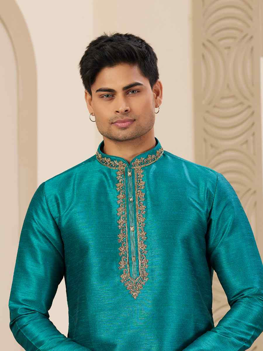 Teal Green Banarasi Silk Embroidered Festival Party Kurta