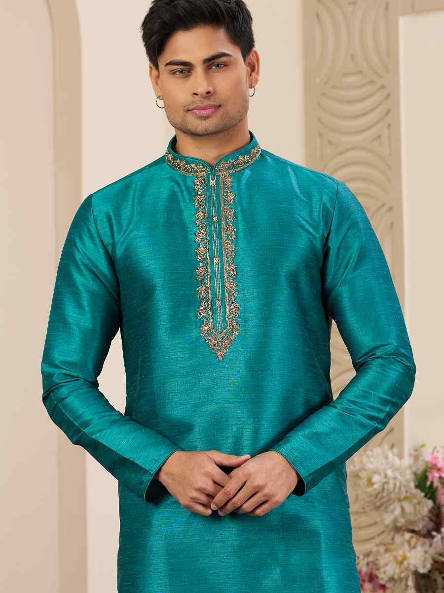 Teal Green Banarasi Silk Embroidered Festival Party Kurta