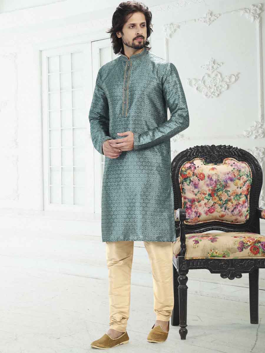 Teal Green Banarasi Silk Printed Festival Wedding Kurta