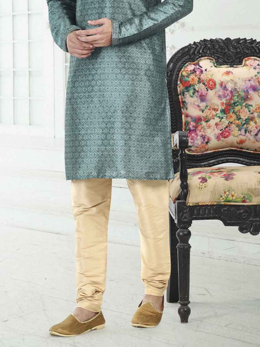 Teal Green Banarasi Silk Printed Festival Wedding Kurta