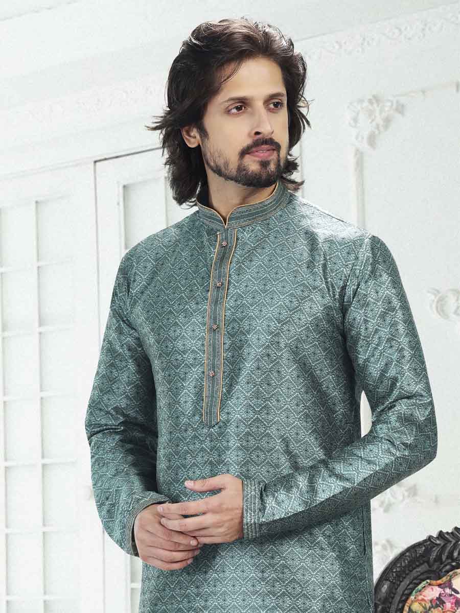 Teal Green Banarasi Silk Printed Festival Wedding Kurta