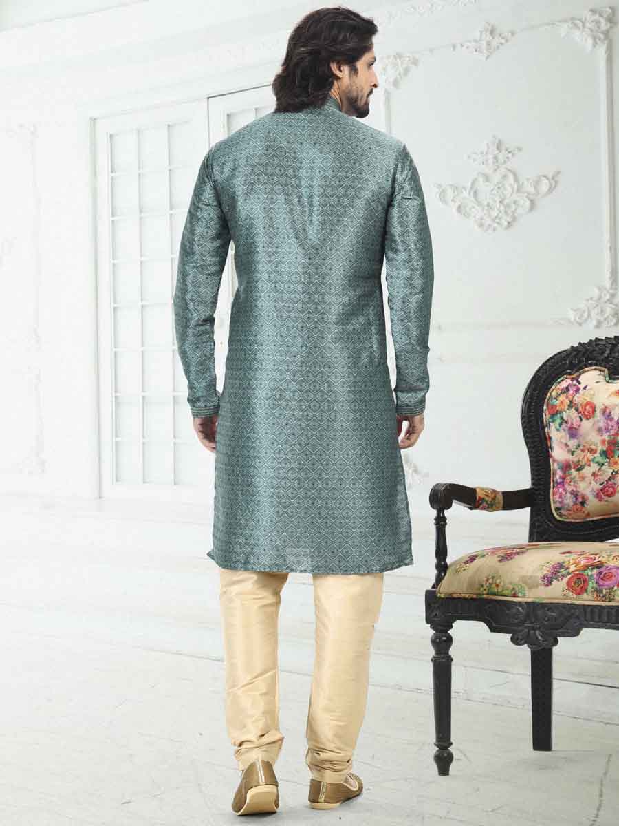 Teal Green Banarasi Silk Printed Festival Wedding Kurta