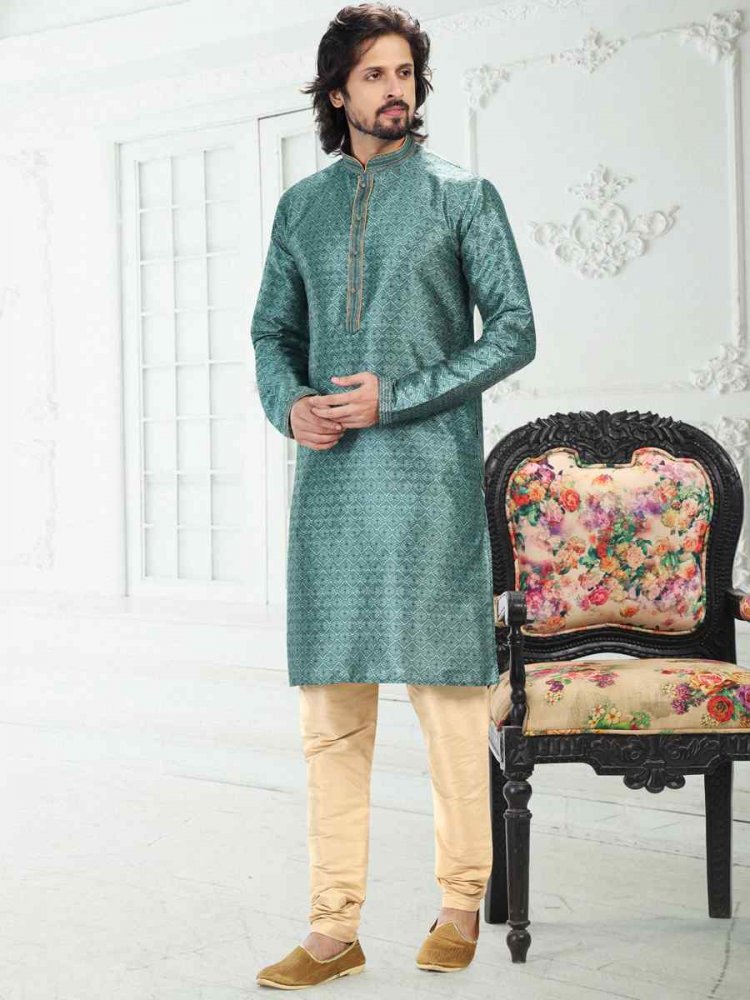 Teal Green Banarasi Silk Woven Festival Party Kurta