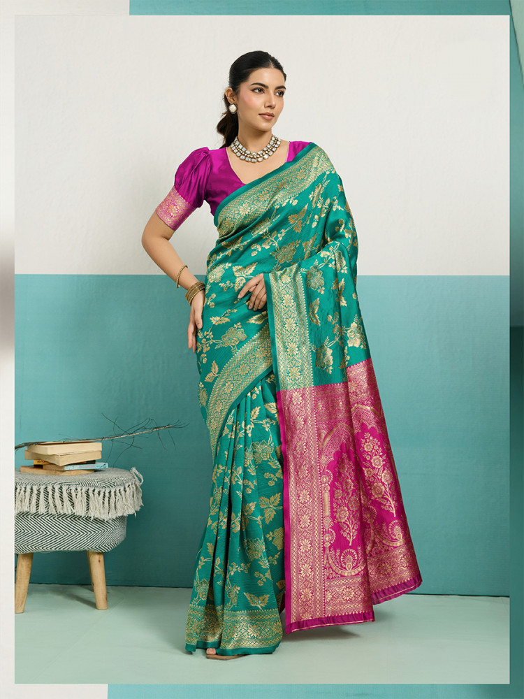 Image of Teal Green Banarasi Silk Zari Kanjivaram Handwoven Wedding Party Festival Reception Heavy Border Saree