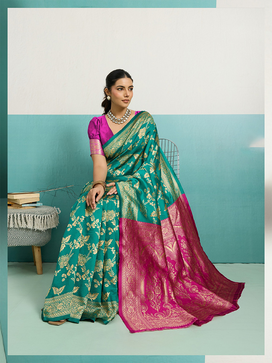 Teal Green Banarasi Silk Zari Kanjivaram Handwoven Wedding Party Festival Reception Heavy Border Saree