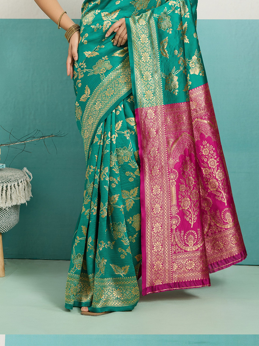 Teal Green Banarasi Silk Zari Kanjivaram Handwoven Wedding Party Festival Reception Heavy Border Saree