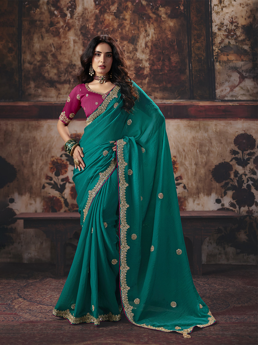 Teal Green Bemberg Embroidery Sequins Zari Wedding Reception Party Festival Casual Heavy Border Sarees