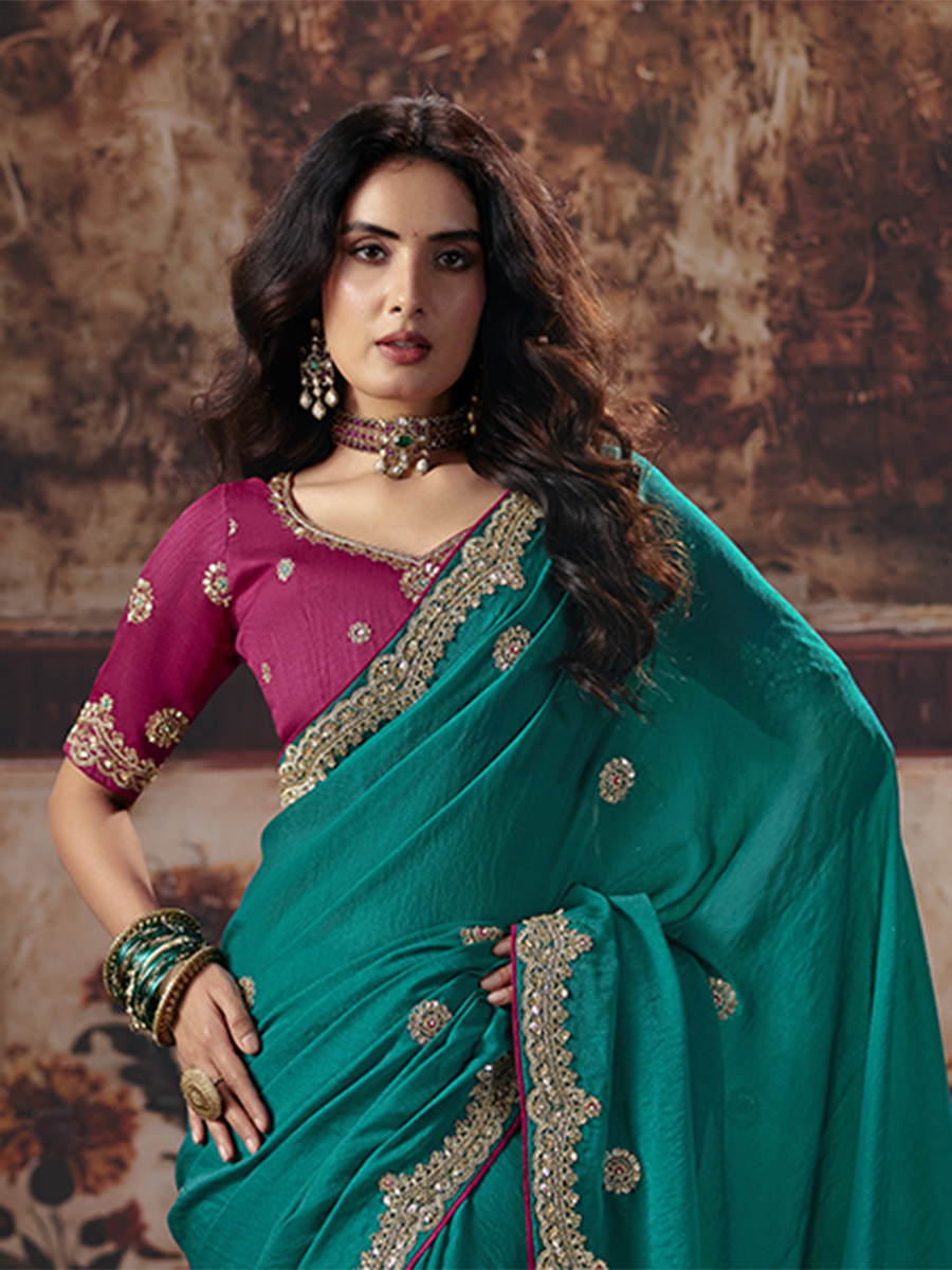Teal Green Bemberg Embroidery Sequins Zari Wedding Reception Party Festival Casual Heavy Border Sarees