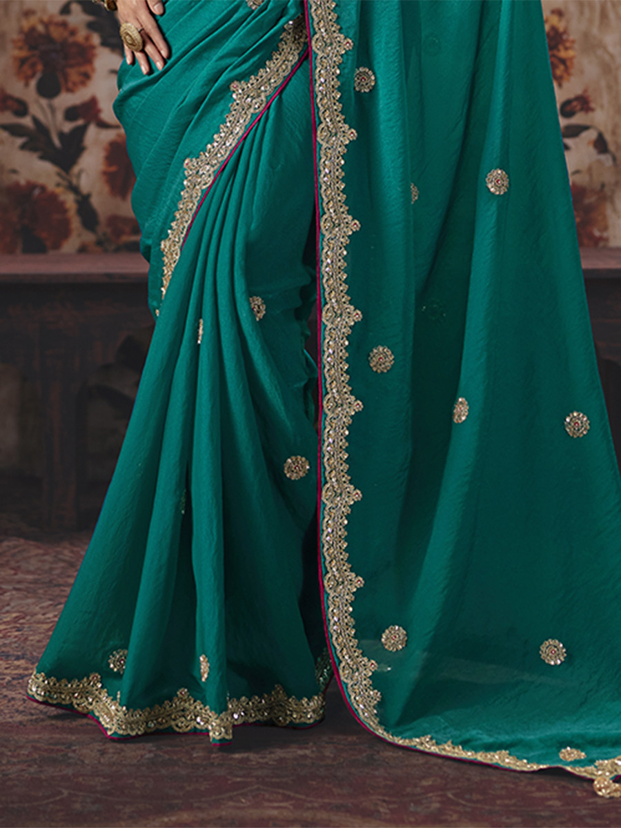 Teal Green Bemberg Embroidery Sequins Zari Wedding Reception Party Festival Casual Heavy Border Sarees