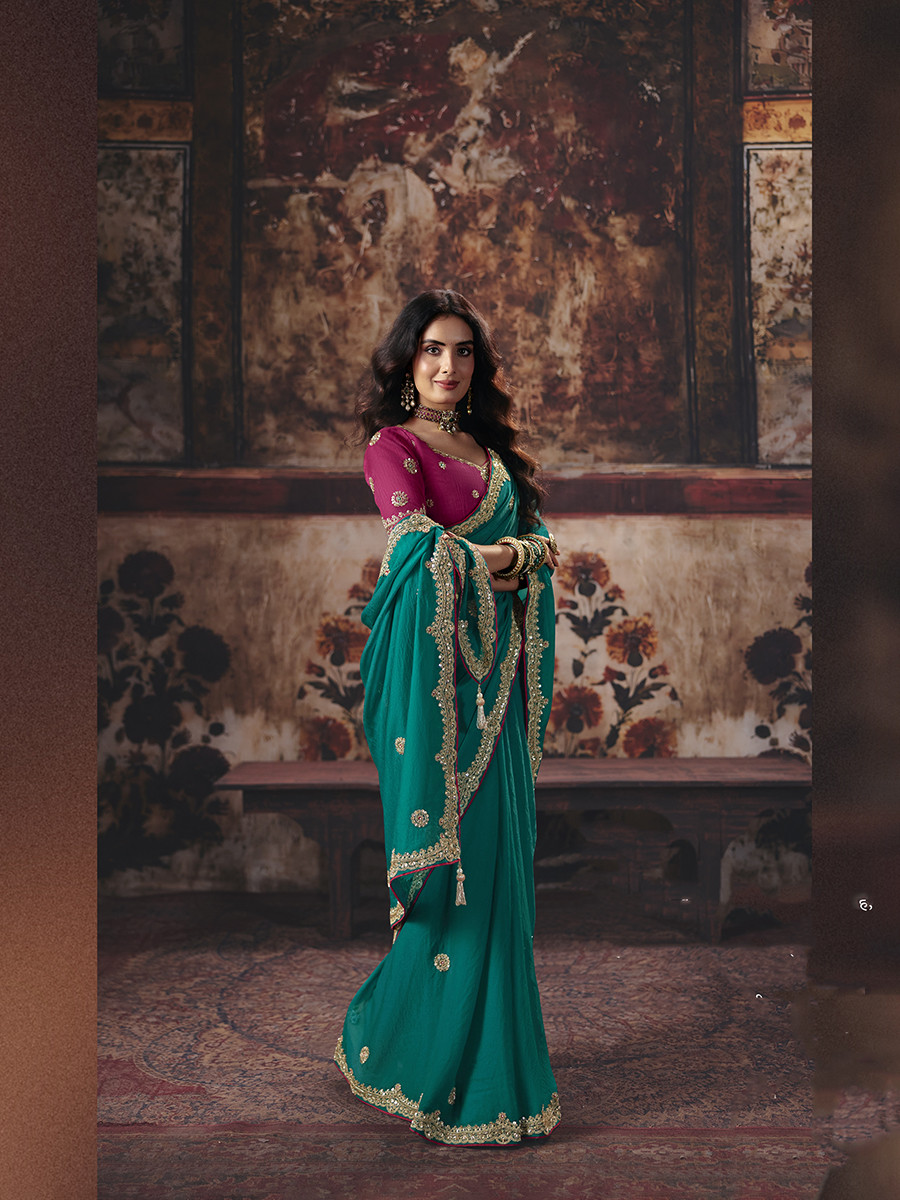 Teal Green Bemberg Embroidery Sequins Zari Wedding Reception Party Festival Casual Heavy Border Sarees