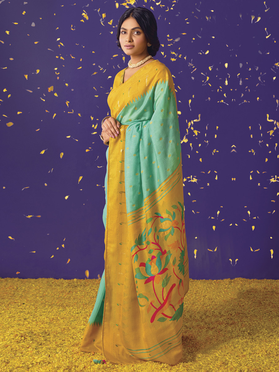 Teal Green Brasso Festival Printed Saree