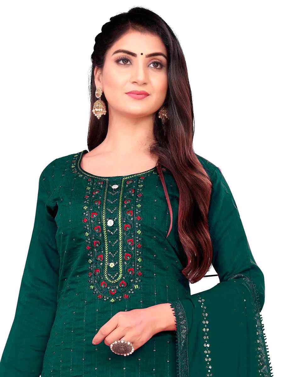 Teal Green Chanderi Cotton Embroidered Festival Casual Pant Salwar Kameez