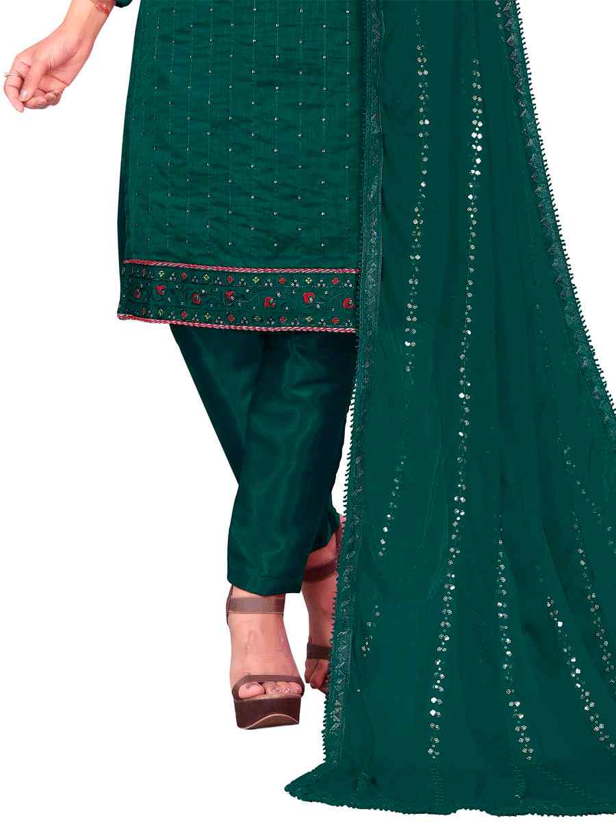 Teal Green Chanderi Cotton Embroidered Festival Casual Pant Salwar Kameez