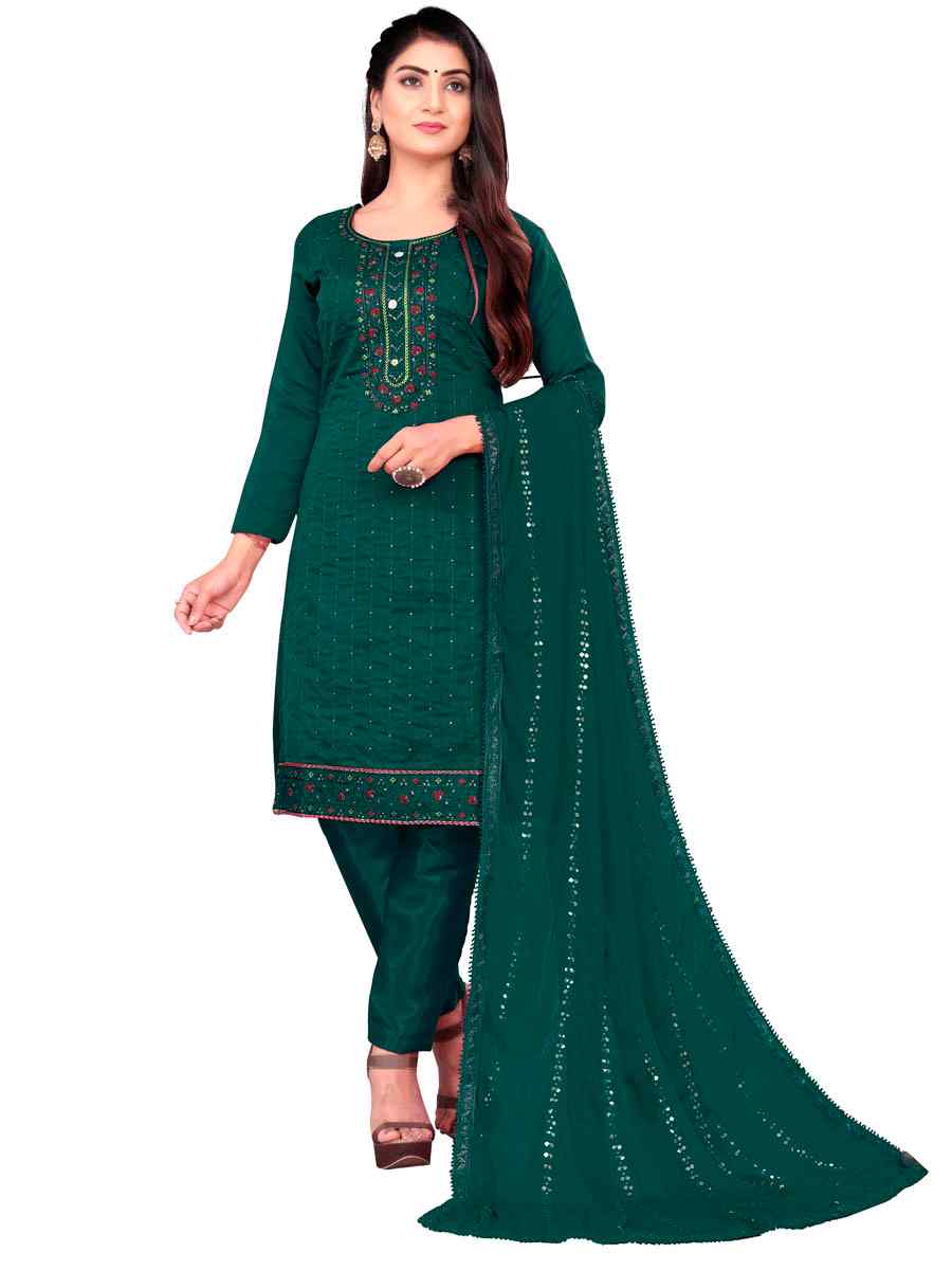 Teal Green Chanderi Cotton Embroidered Festival Casual Pant Salwar Kameez