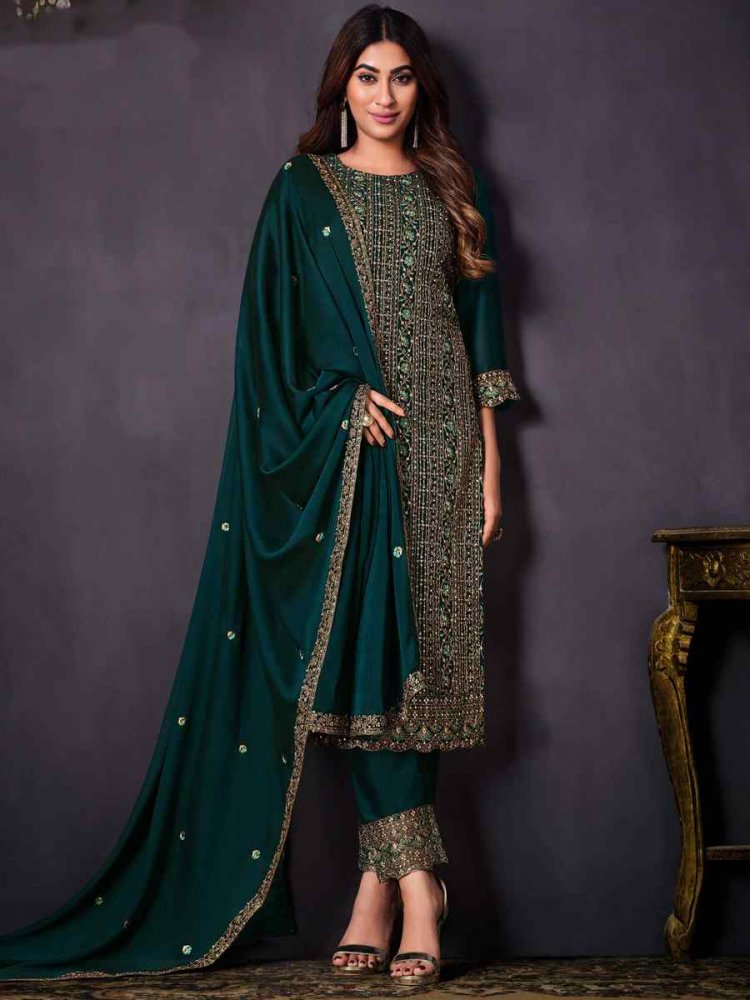 Teal Green Cotonic Georgette Embroidered Festival Party Pant Salwar Kameez