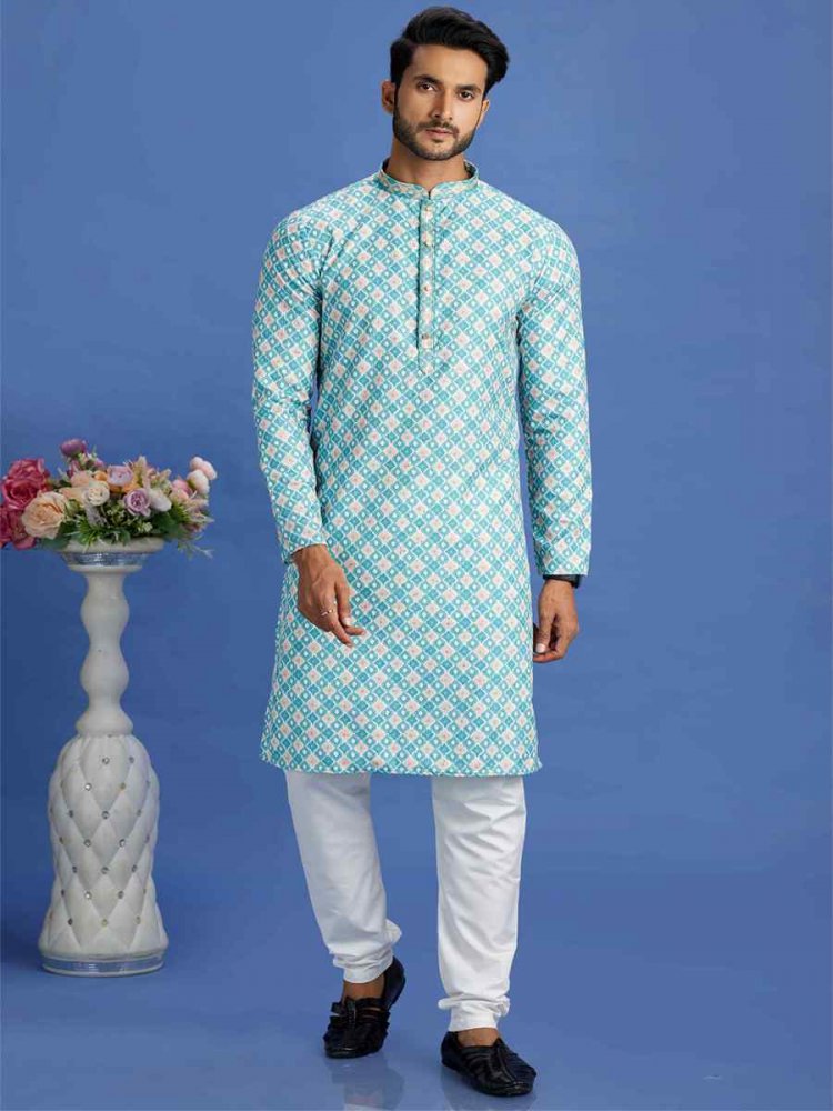 Teal Green Cotton Embroidered Festival Party Kurta