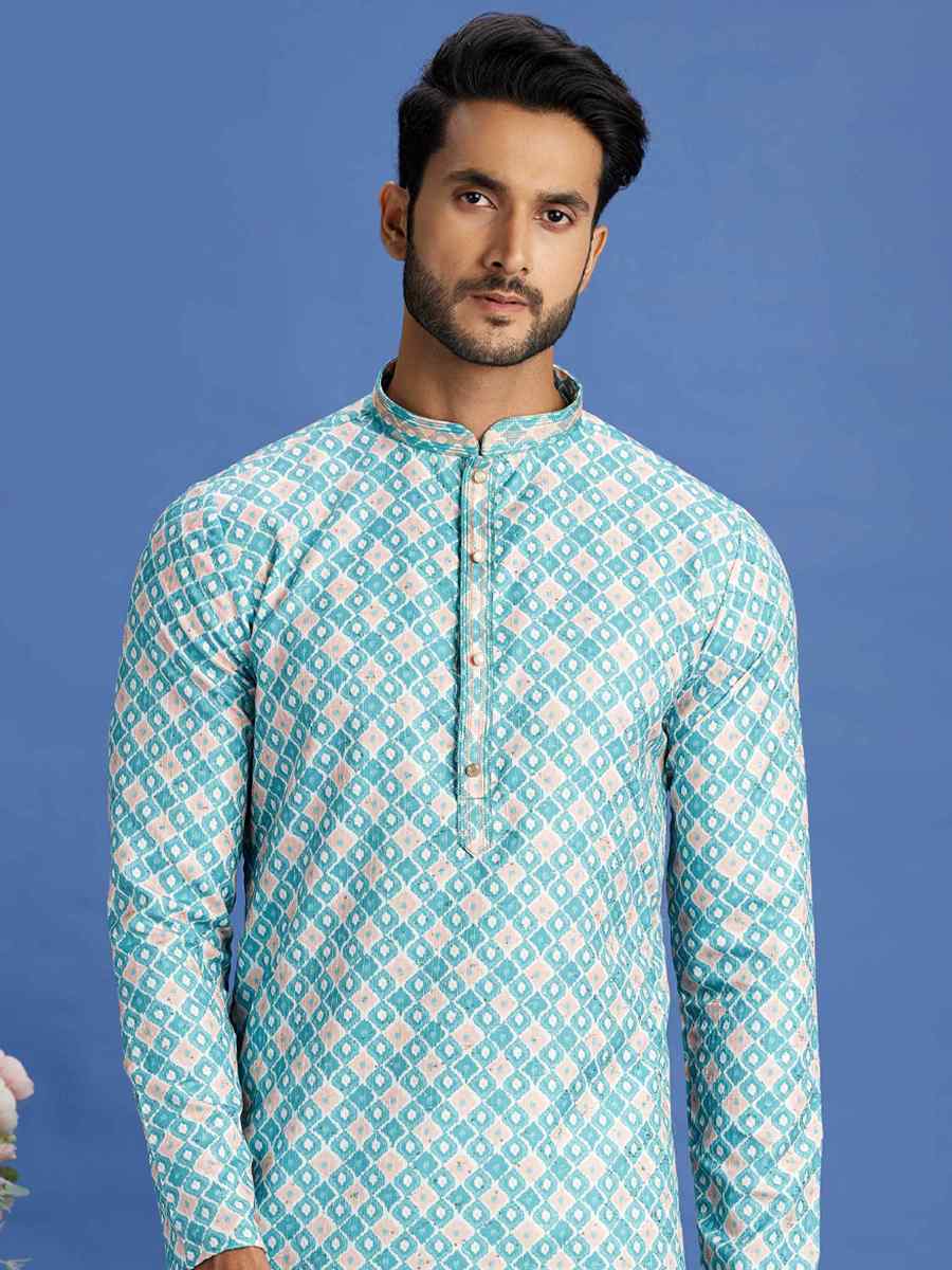 Teal Green Cotton Embroidered Festival Party Kurta