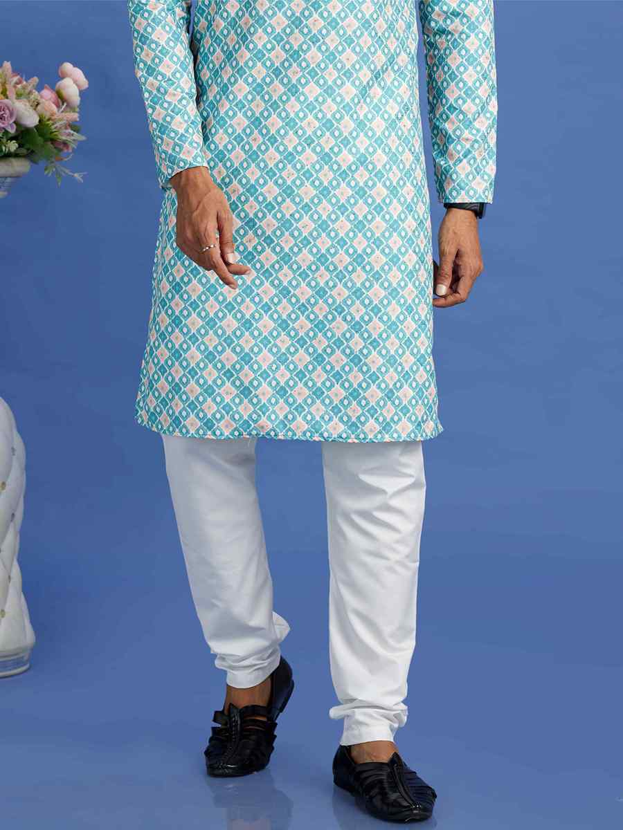 Teal Green Cotton Embroidered Festival Party Kurta