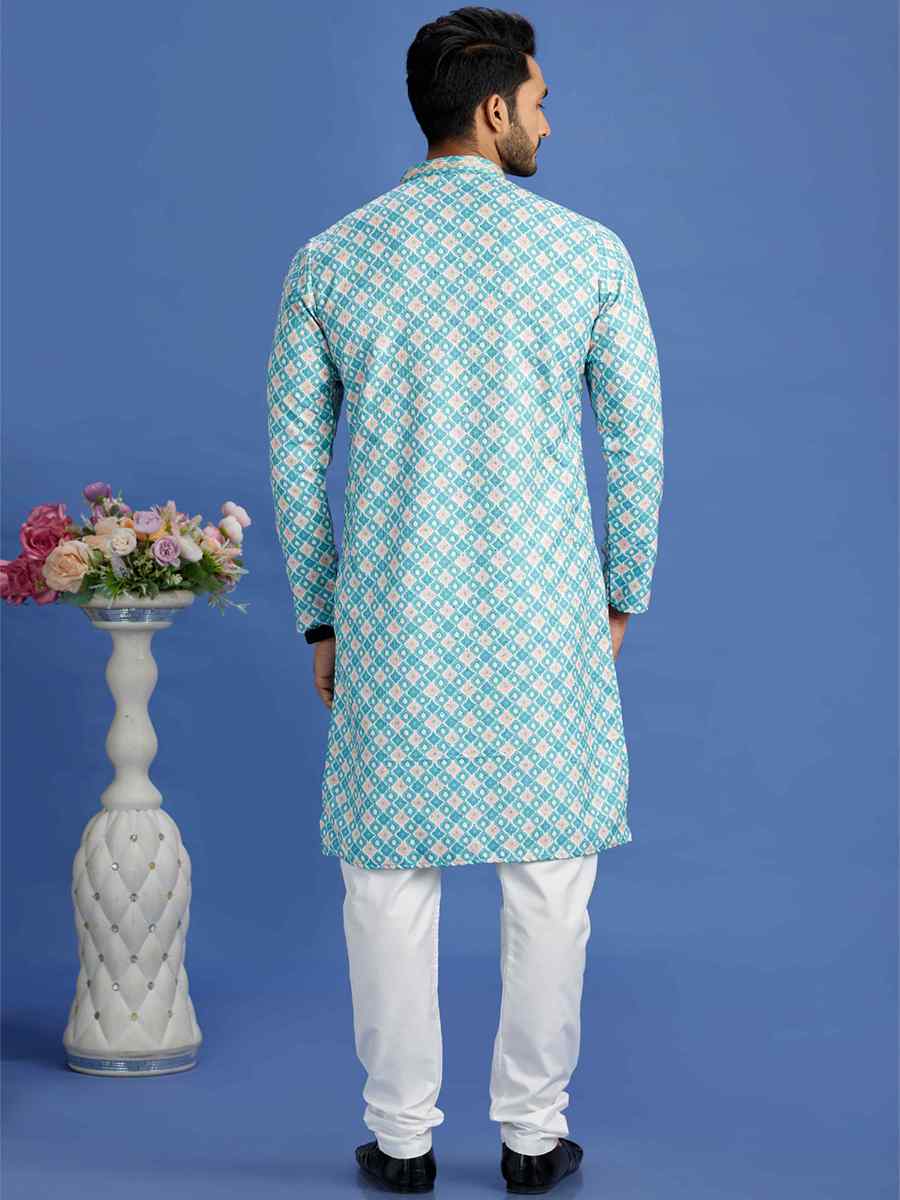 Teal Green Cotton Embroidered Festival Party Kurta