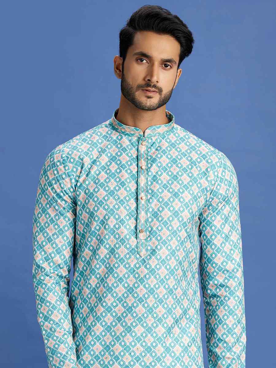 Teal Green Cotton Embroidered Festival Party Kurta