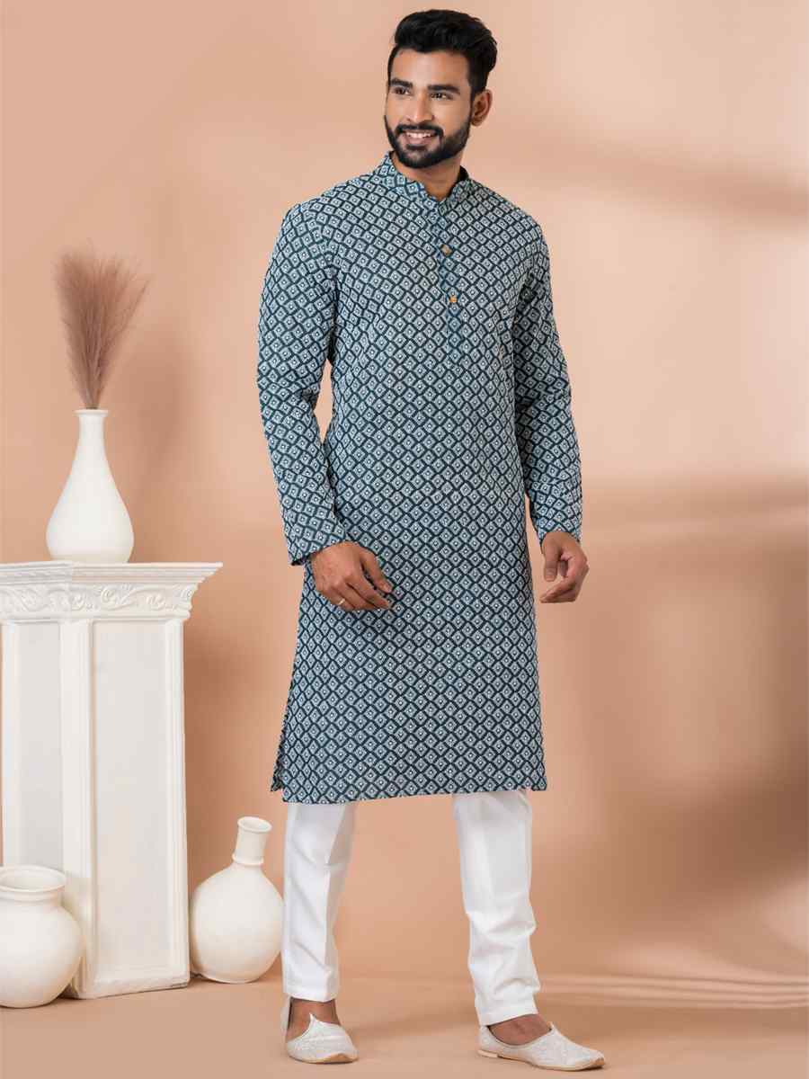 Teal Green Cotton Embroidered Festival Party Kurta