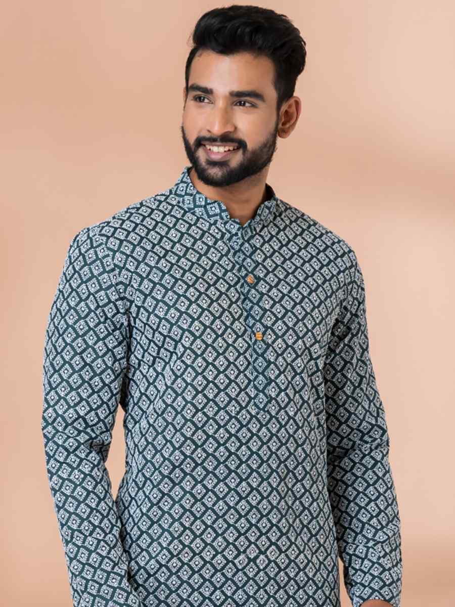 Teal Green Cotton Embroidered Festival Party Kurta