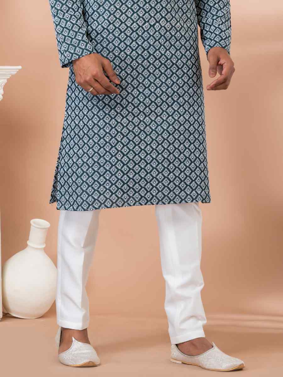Teal Green Cotton Embroidered Festival Party Kurta