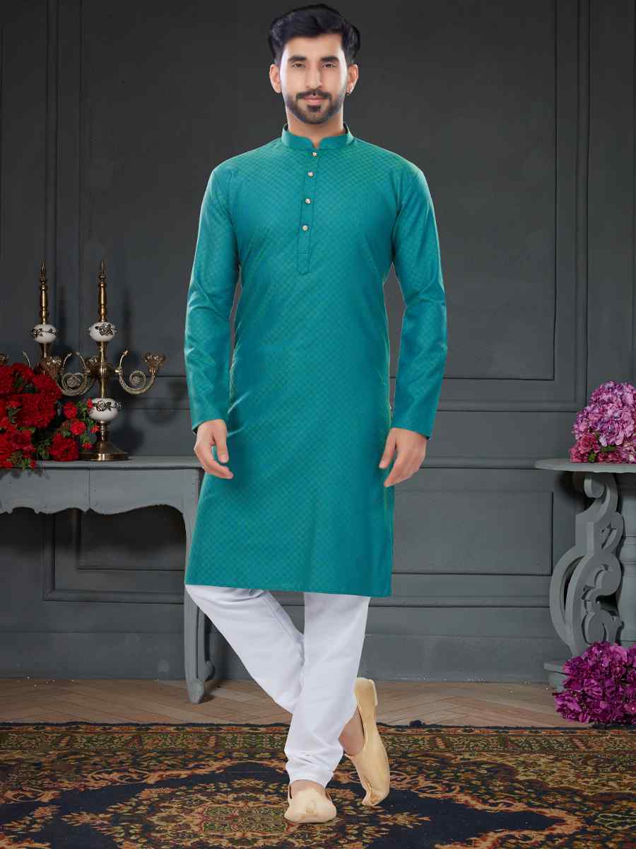 Teal Green Cotton Jecquard Printed Festival Party Kurta