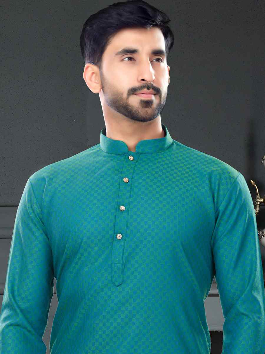 Teal Green Cotton Jecquard Printed Festival Party Kurta