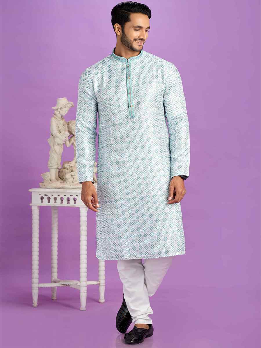 Teal Green Cotton Printed Festival Casual Kurta