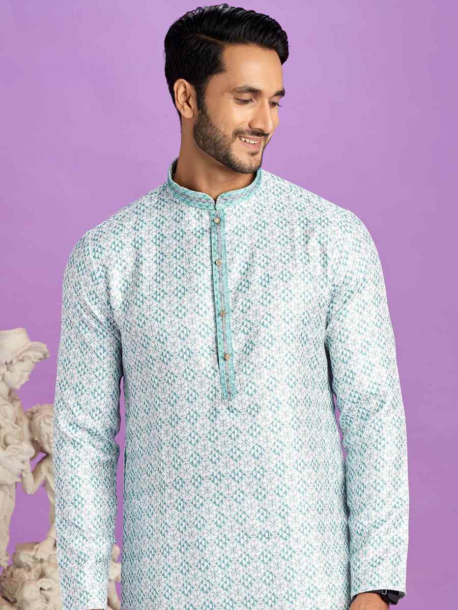 Teal Green Cotton Printed Festival Casual Kurta