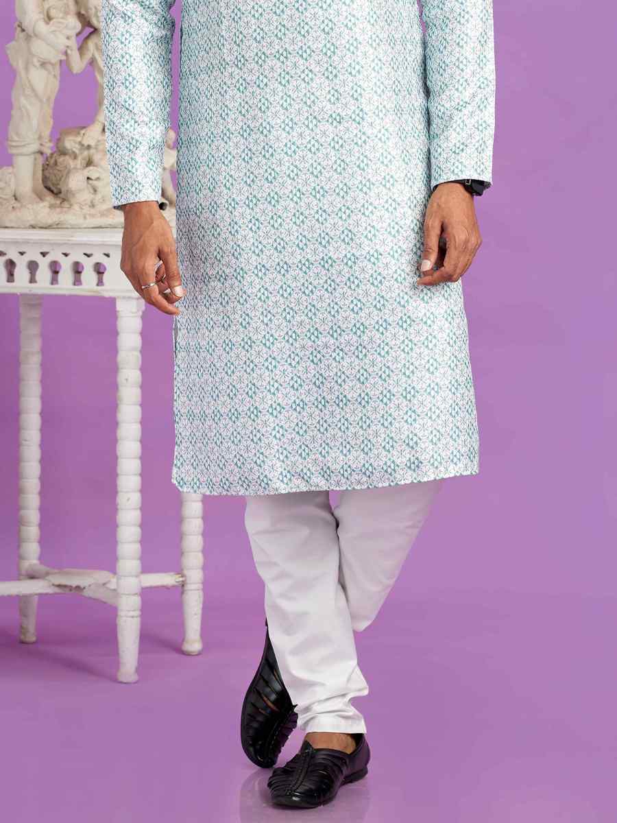 Teal Green Cotton Printed Festival Casual Kurta